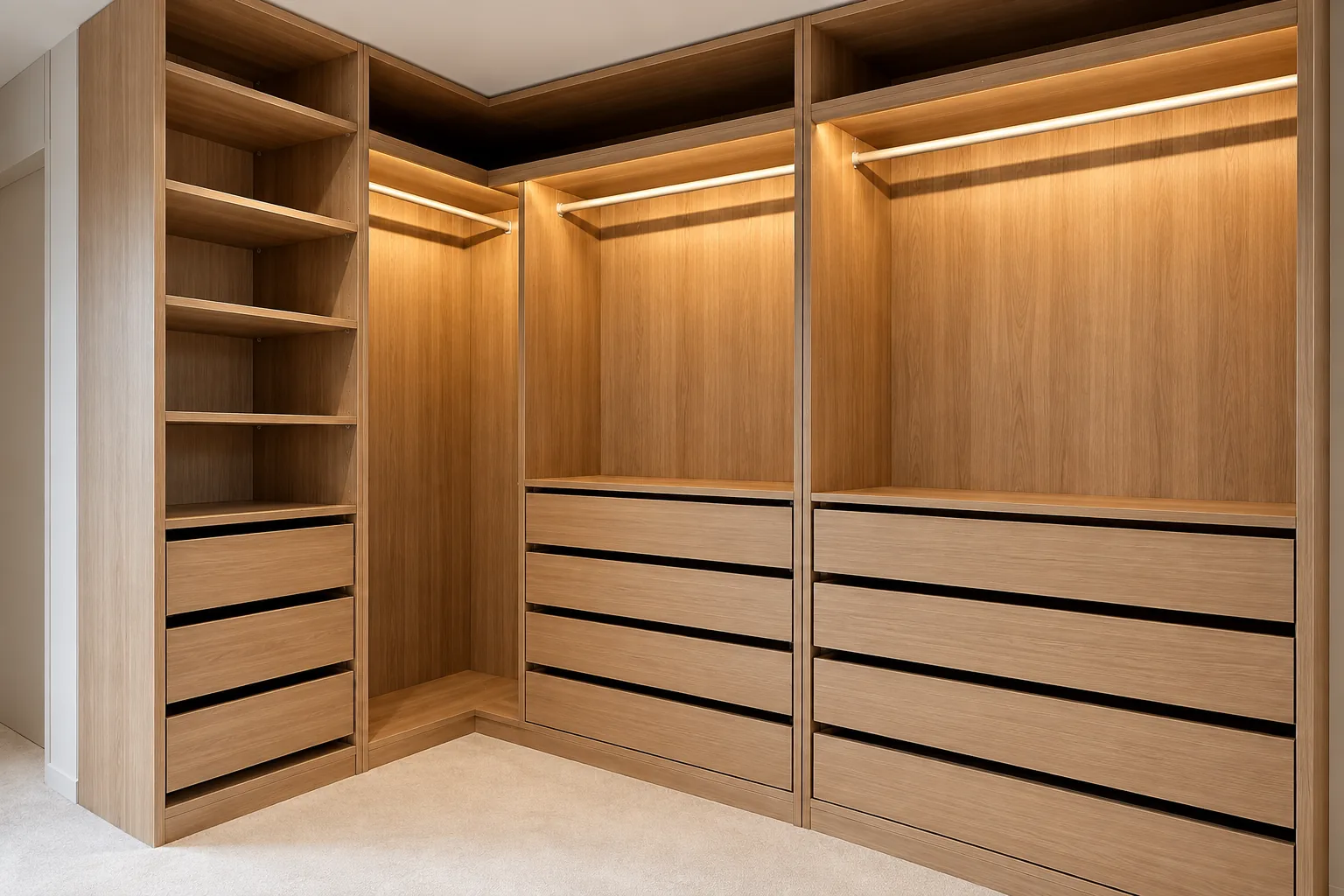 Cabina armadio su misura in legno con cassetti, ripiani, vani appenderia e illuminazione LED integrata