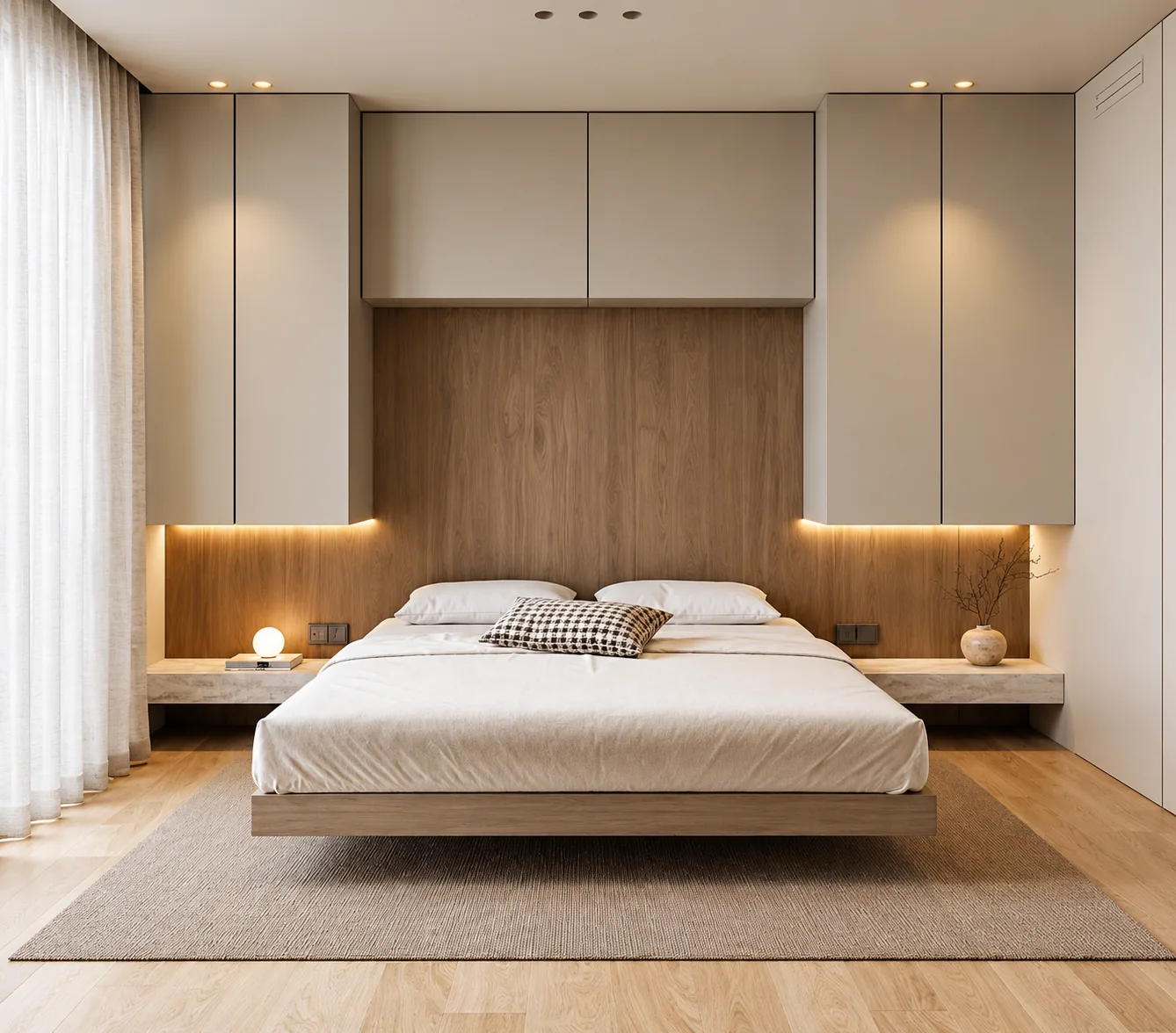 Camera da letto su misura con armadiature integrate, pannellatura effetto legno e illuminazione LED