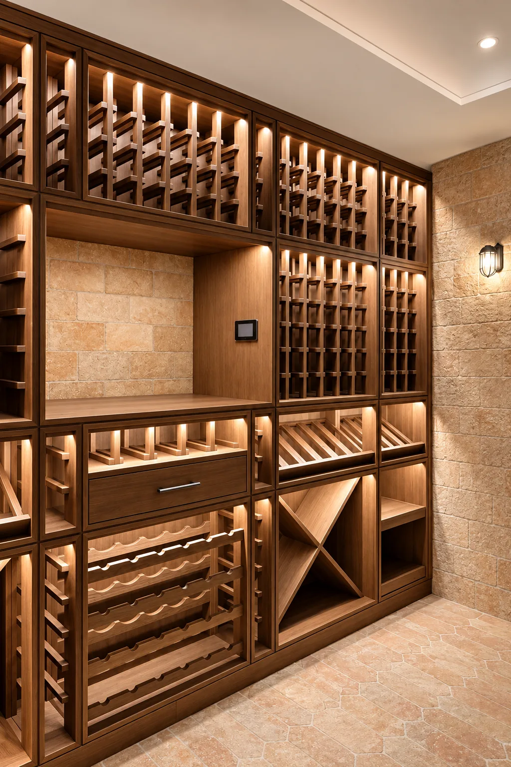 Cantina vini su misura in legno con portabottiglie modulari e illuminazione LED integrata