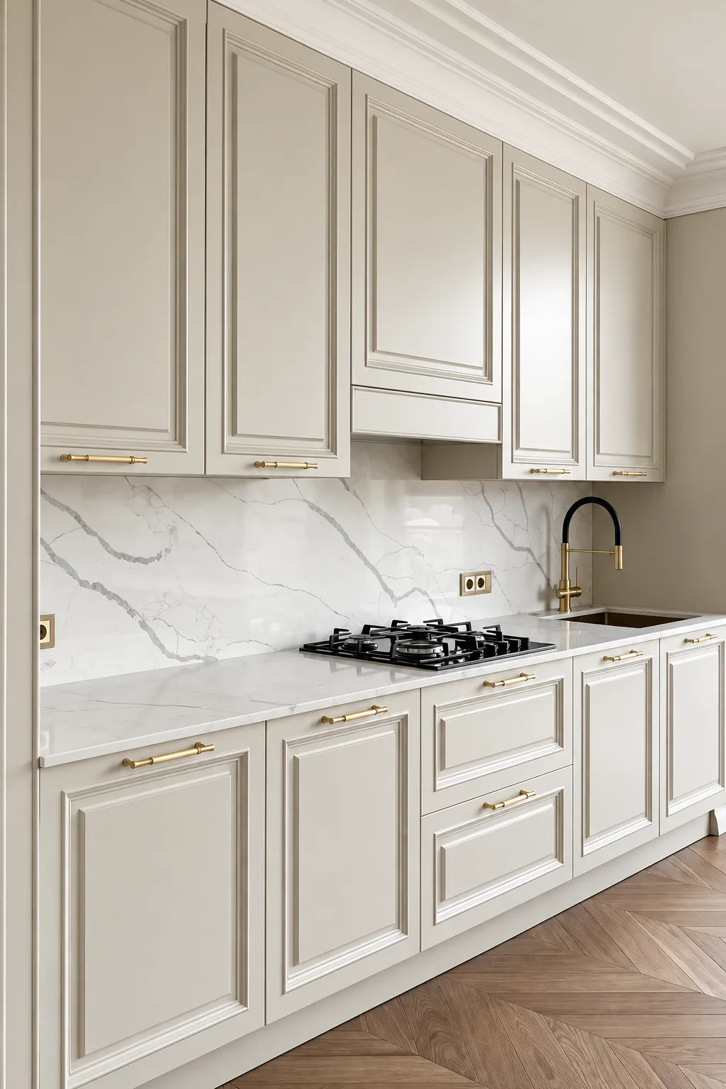 Cucina classica su misura con ante a cornice, piano effetto marmo e maniglie in ottone